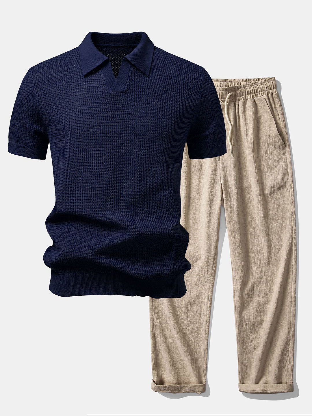 Textured Johnny Collar Crocheted Knit Polo &amp; Crinkle Textured Straight Leg Pants