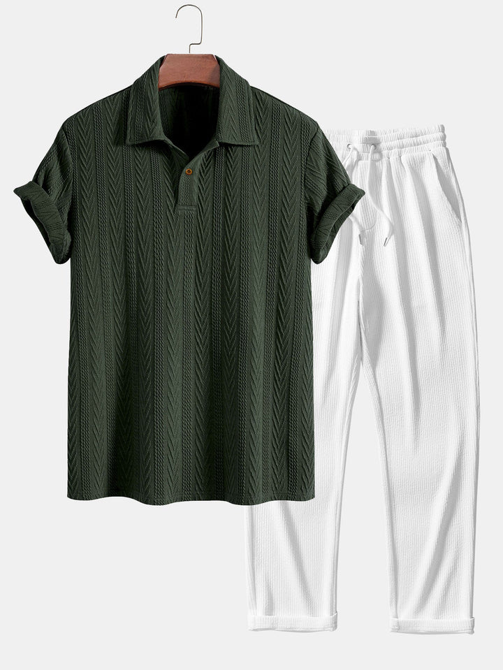 Short Sleeve Jacquard Polo &amp; Straight Leg Ribbed Pants