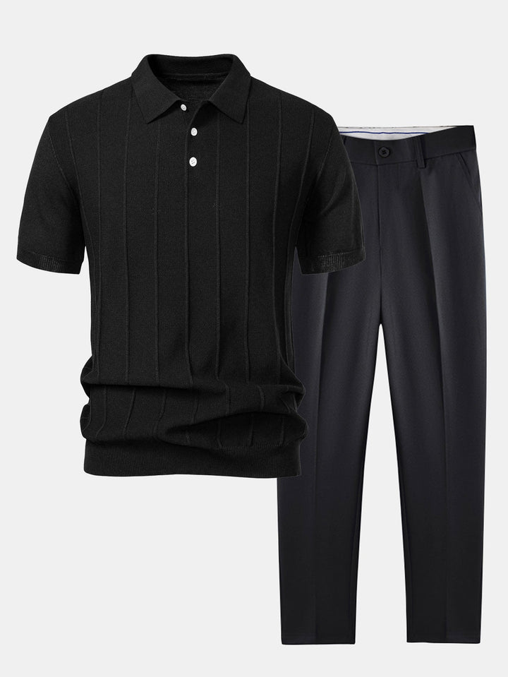 Stripe Jacquard Knit Polo Shirt &amp; Slim Fit Tapered Trousers
