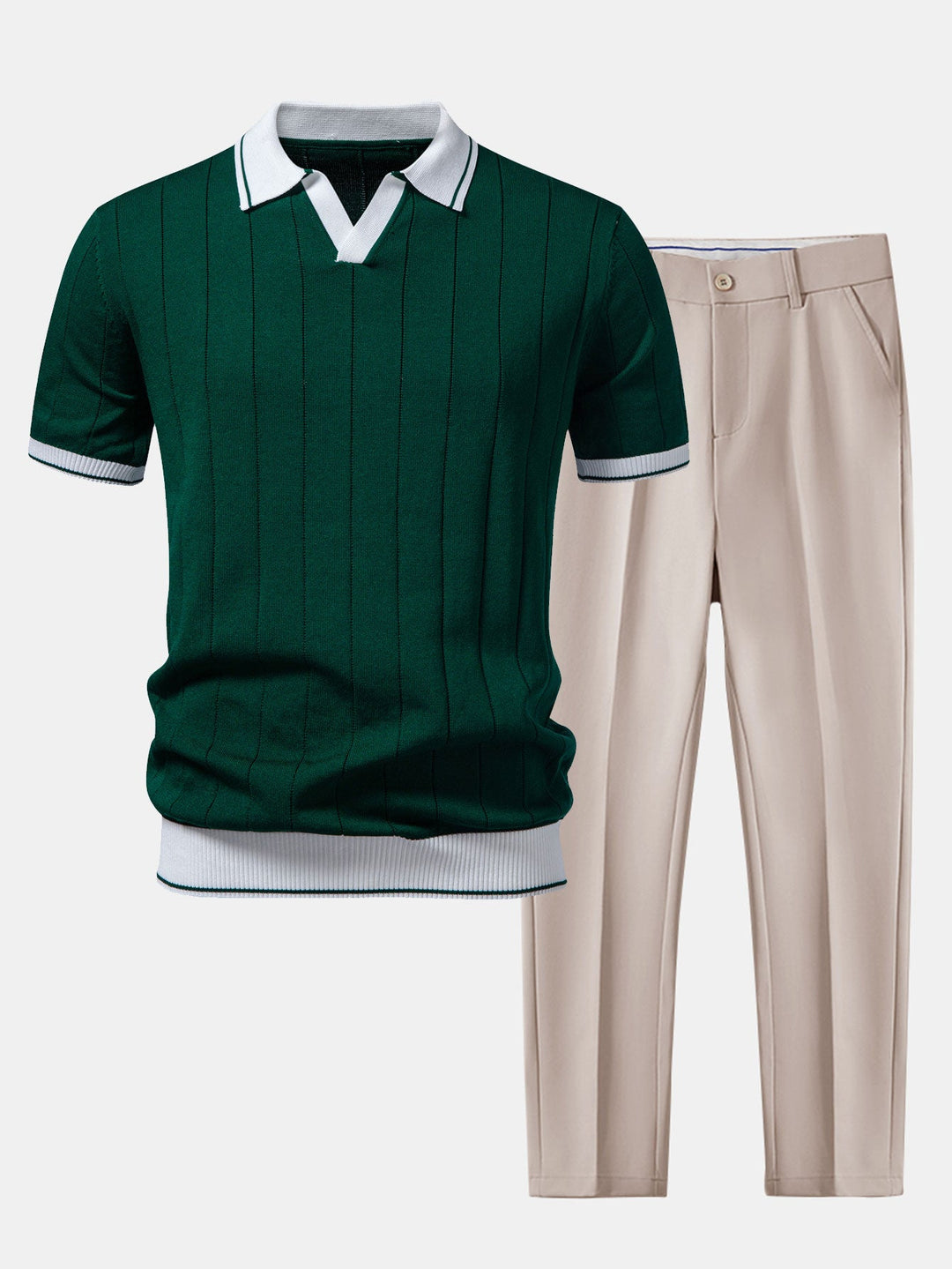 Contrast Trim Ribbed Johnny Collar Knit Polo &amp; Slim Fit Tapered Trousers