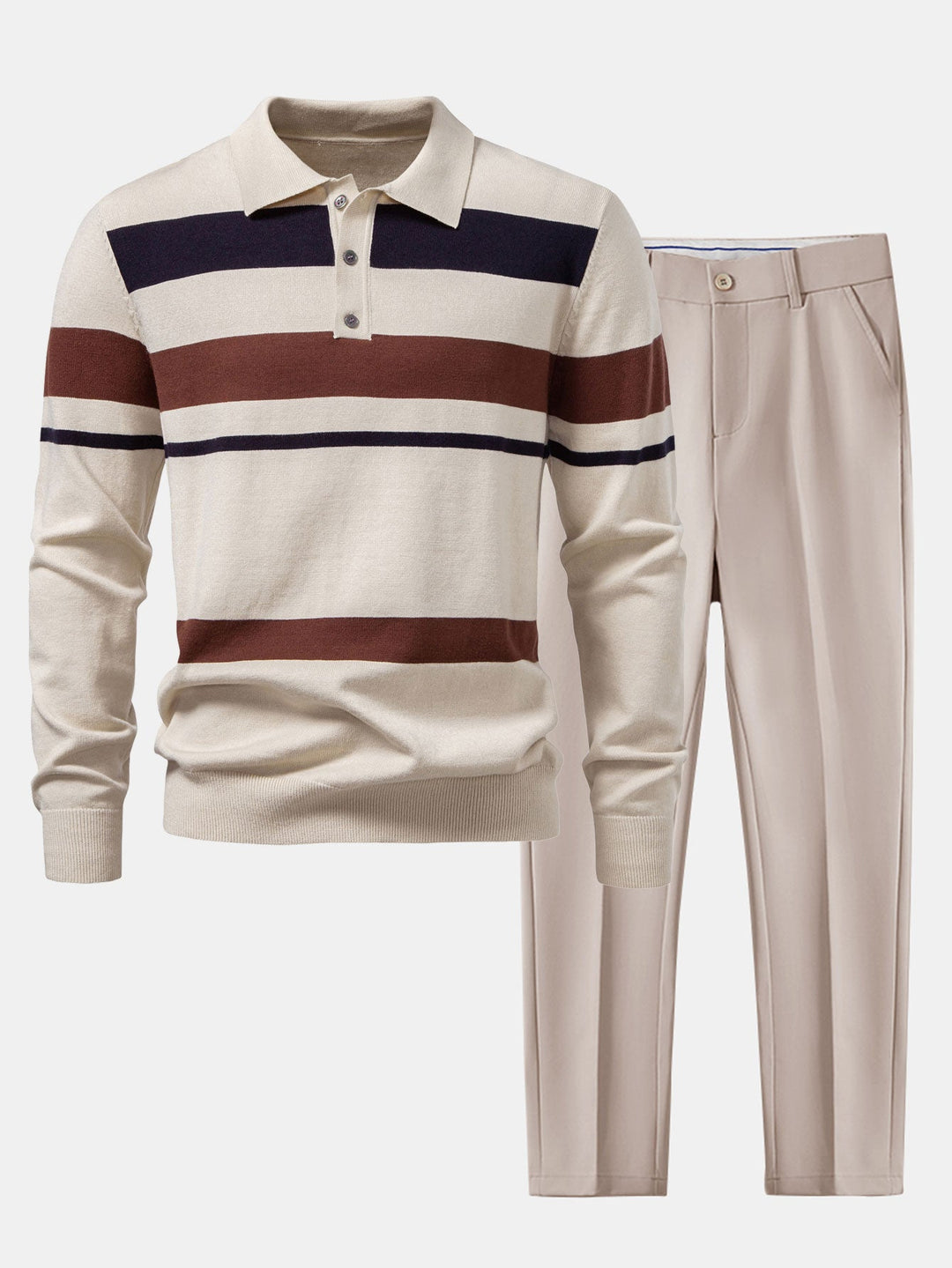 Long Sleeve Stripe Knit Polo Shirt &amp; Slim Fit Tapered Trousers