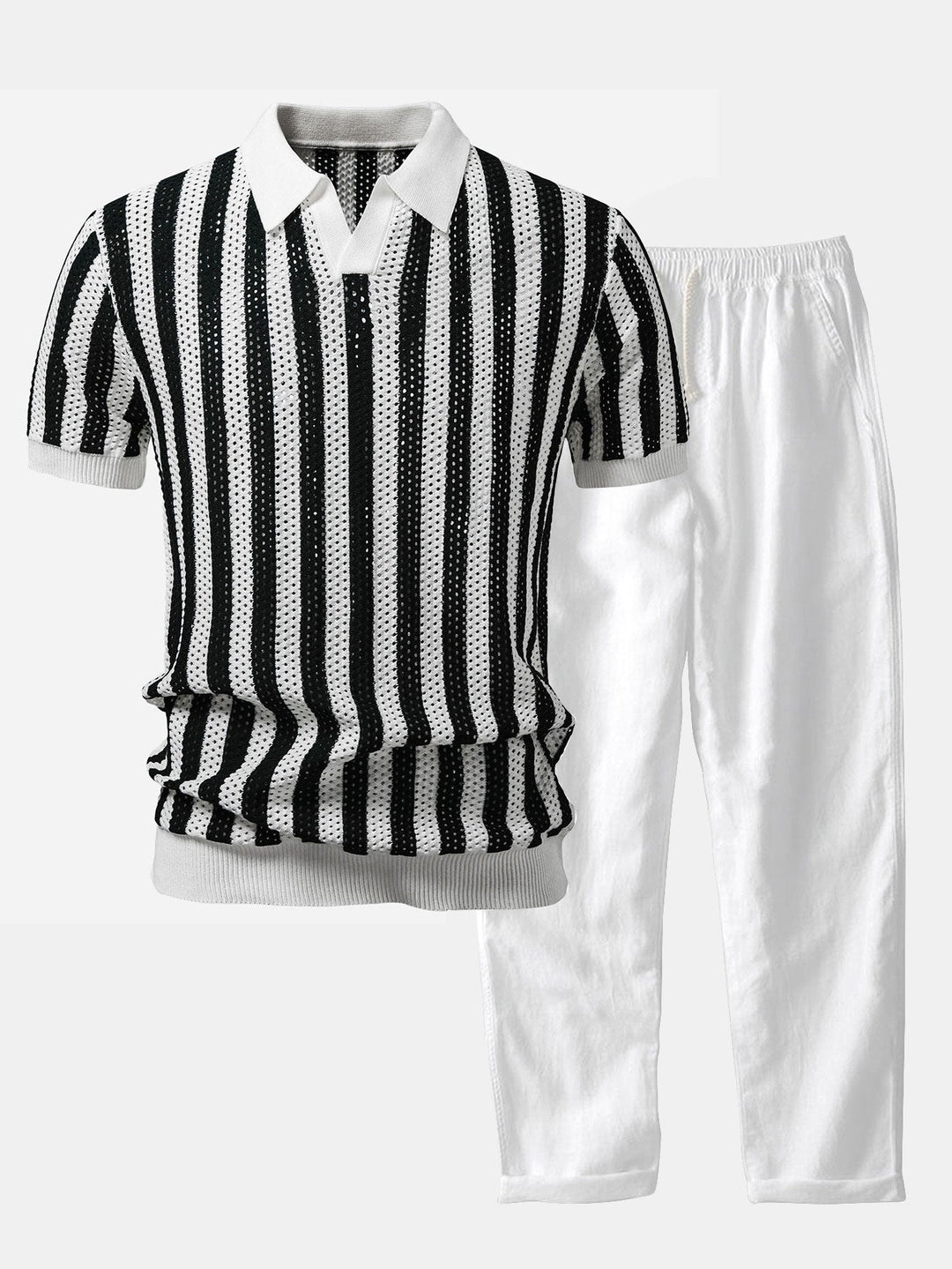 Stripe Johnny Collar Open Knit Polo &amp; Straight Leg Linen Pants