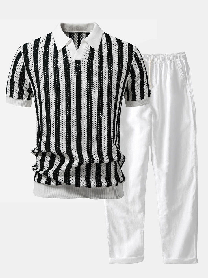 Stripe Johnny Collar Open Knit Polo &amp; Straight Leg Linen Pants