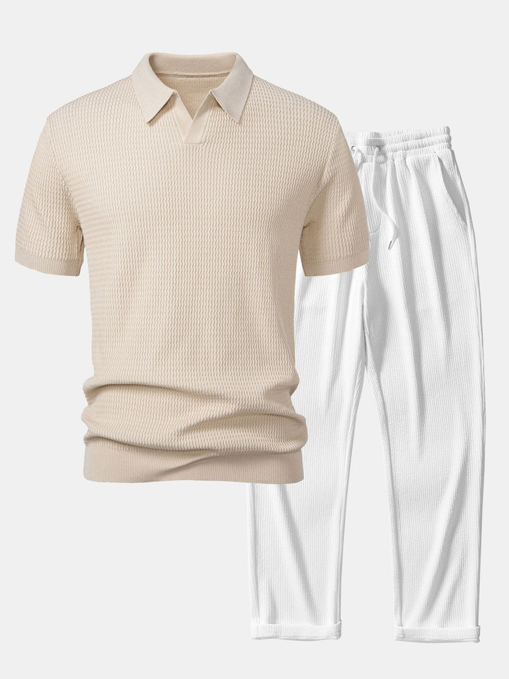 Wave Jacquard Knit V Neck Polo Shirt &amp; Straight Leg Ribbed Pants