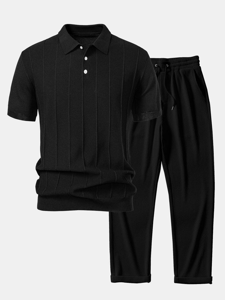 Stripe Jacquard Knit Polo Shirt &amp; Straight Leg Ribbed Pants