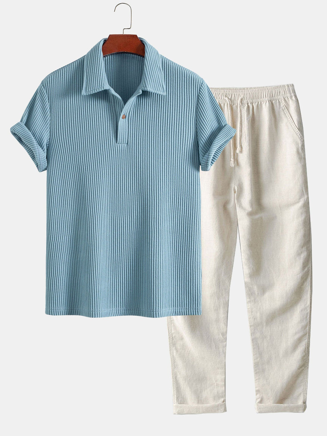 Short Sleeved Waffle Polo &amp; Straight Leg Linen Pants