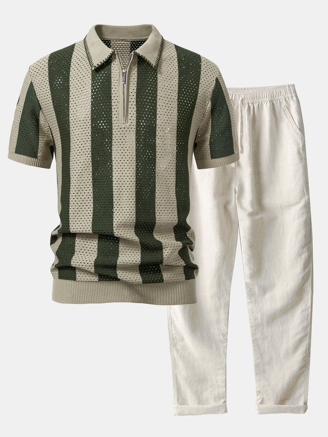 Striped Eyelet Knit Zip Up Polo Shirt &amp; Straight Leg Linen Pants