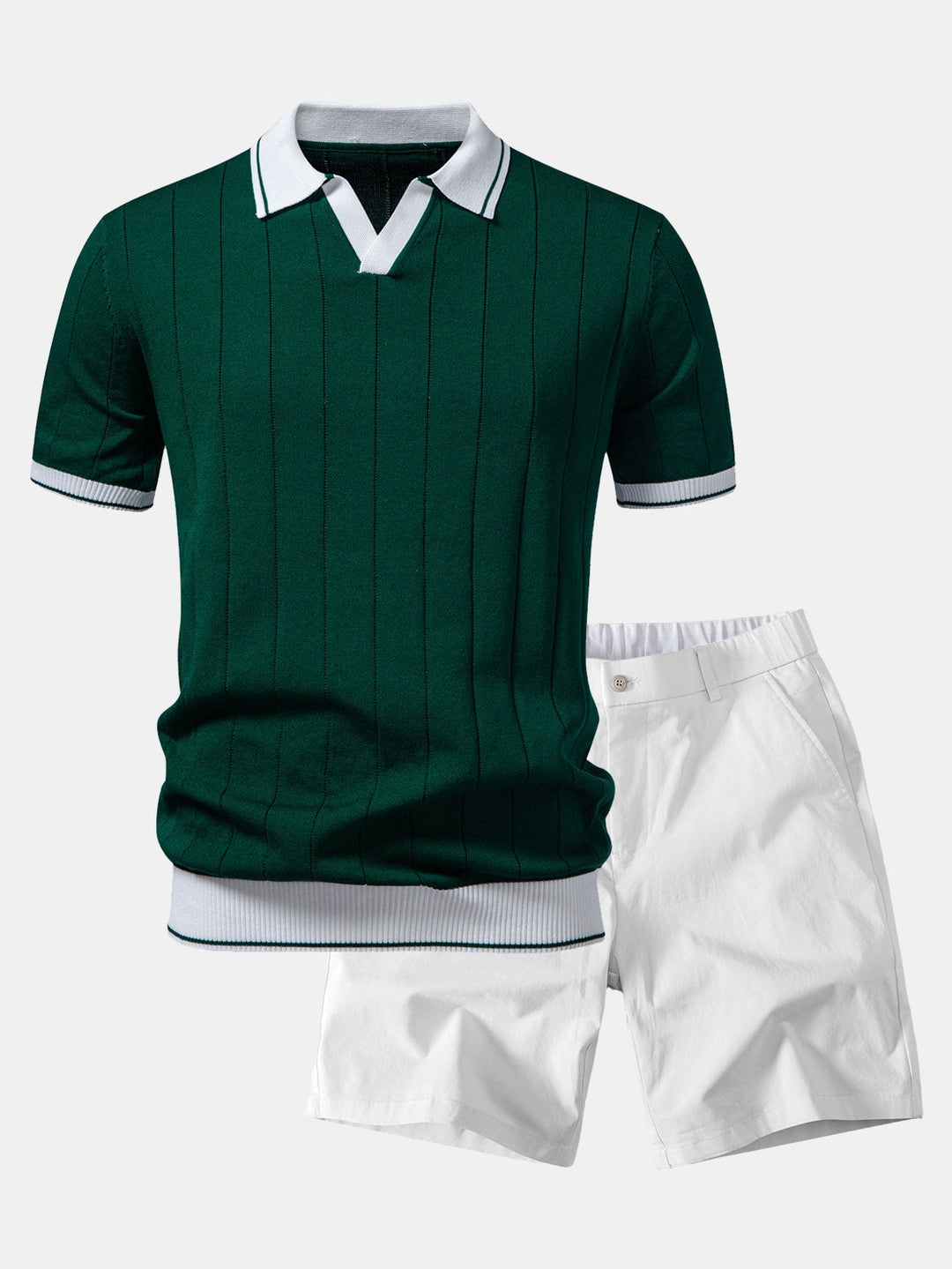 Contrast Trim Ribbed Johnny Collar Knit Polo &amp; Elastic Waist Chino Shorts