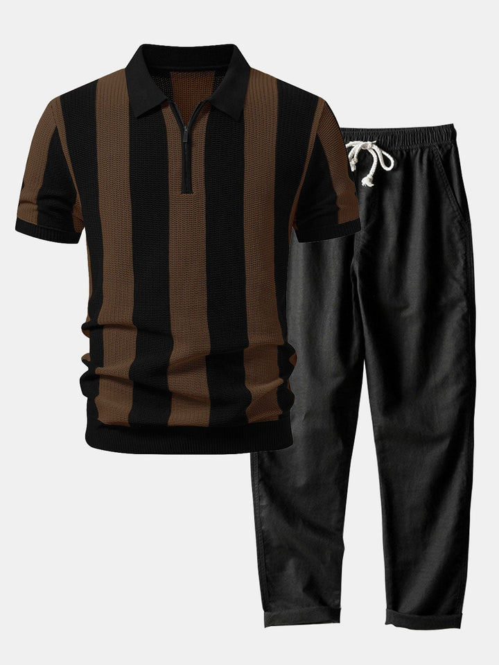 Stripe Zipper Open Knit Polo &amp; Straight Leg Linen Pants