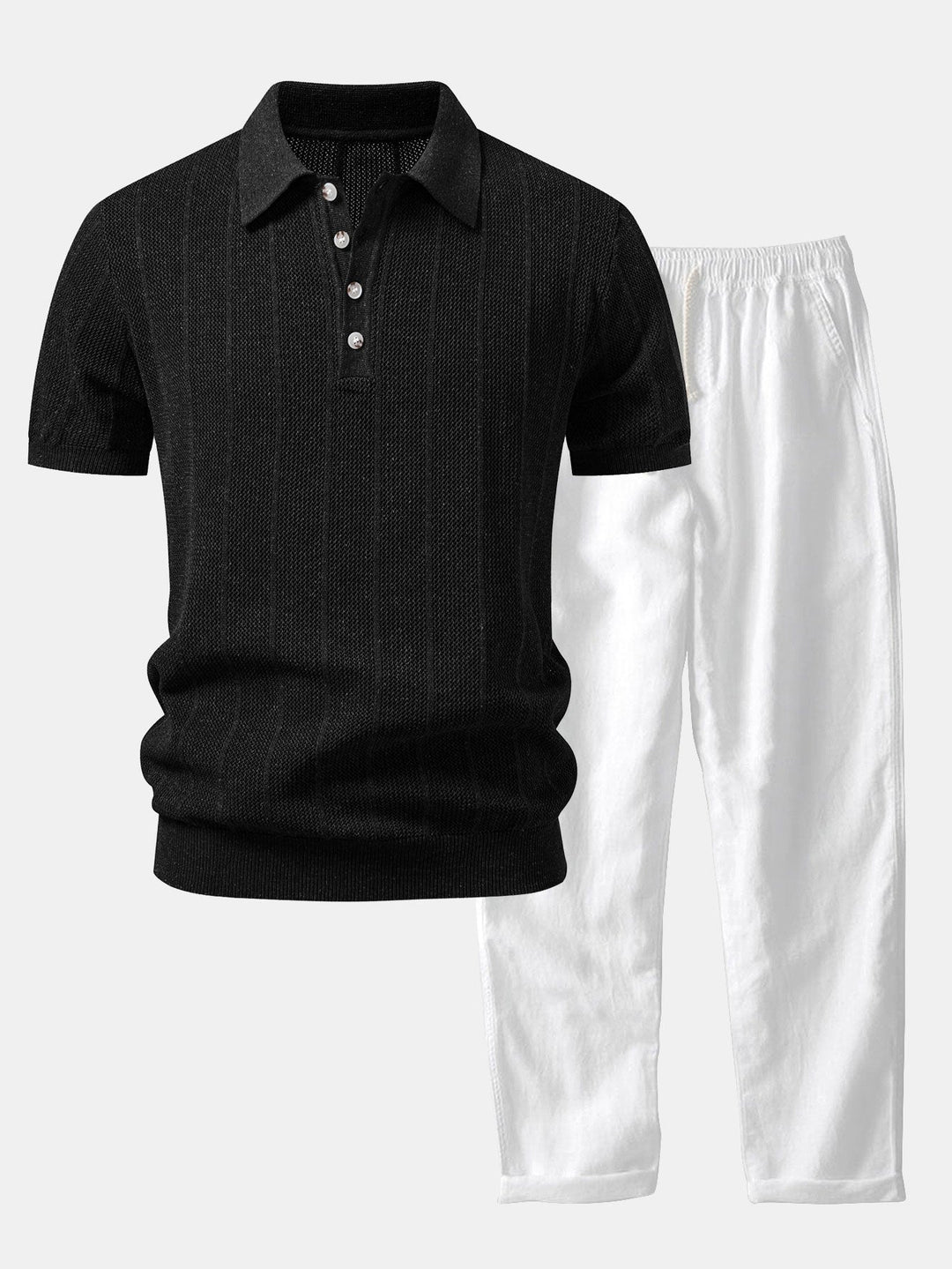 Linen Stripe Open Knit Polo &amp; Straight Leg Linen Pants