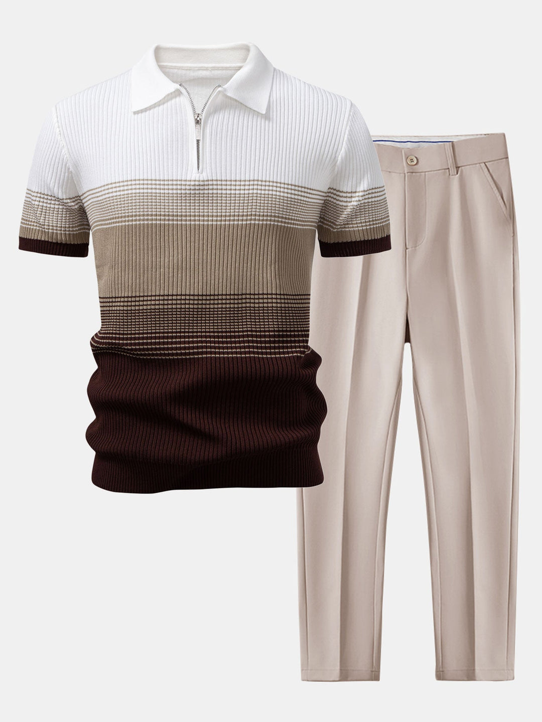 Striped Gradient Knitted Polo Shirt &amp; Slim Fit Tapered Trousers
