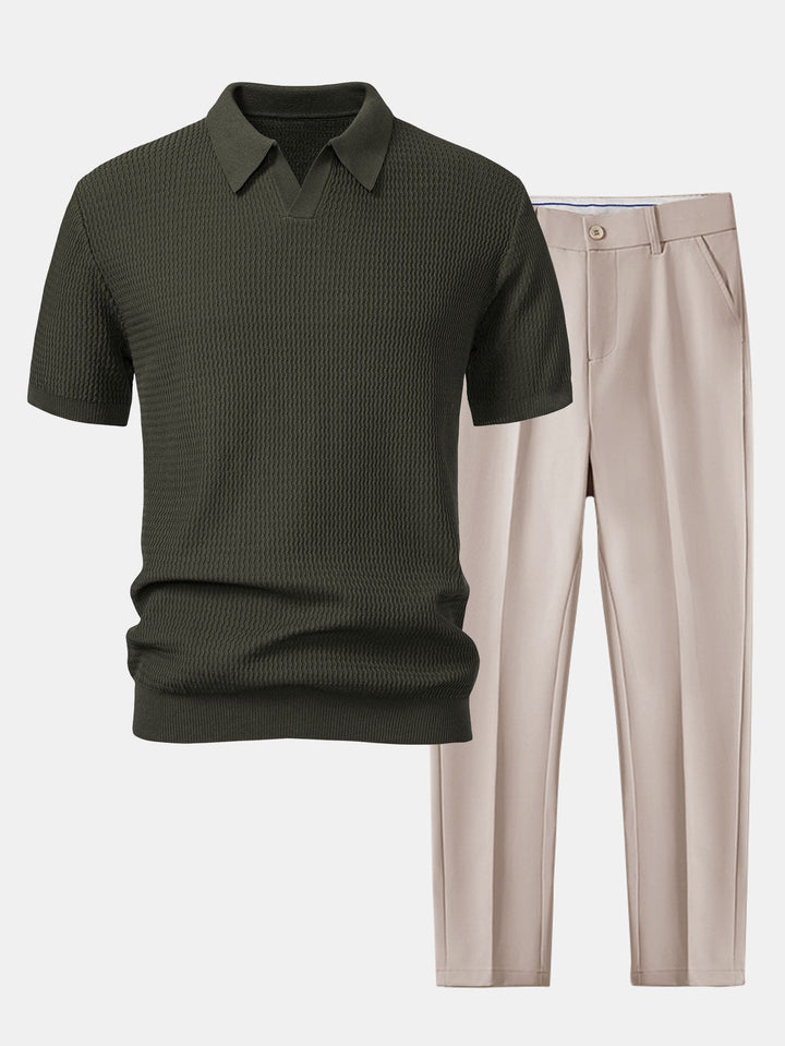 Wave Jacquard Knit V Neck Polo Shirt &amp; Slim Fit Tapered Trousers