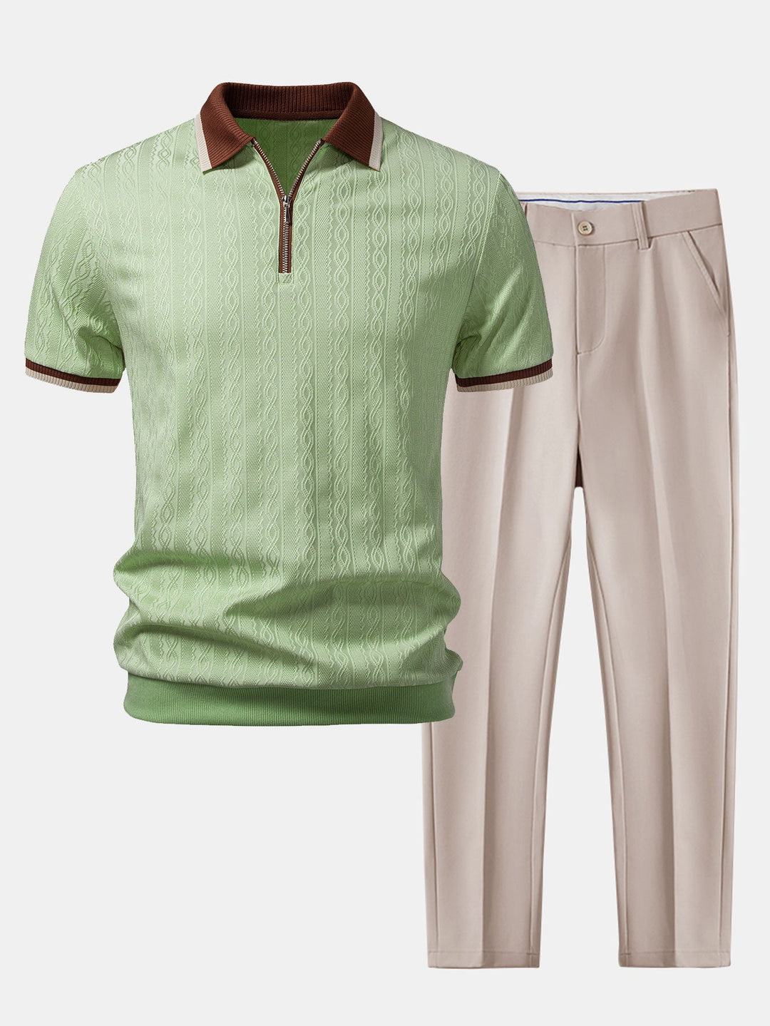 Contrast Trim Textured Zipper Knit Polo &amp; Slim Fit Tapered Trousers