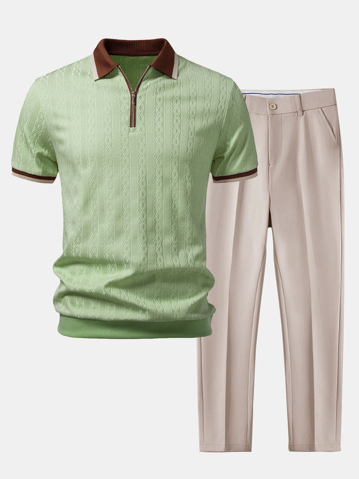 Contrast Trim Textured Zipper Knit Polo &amp; Slim Fit Tapered Trousers
