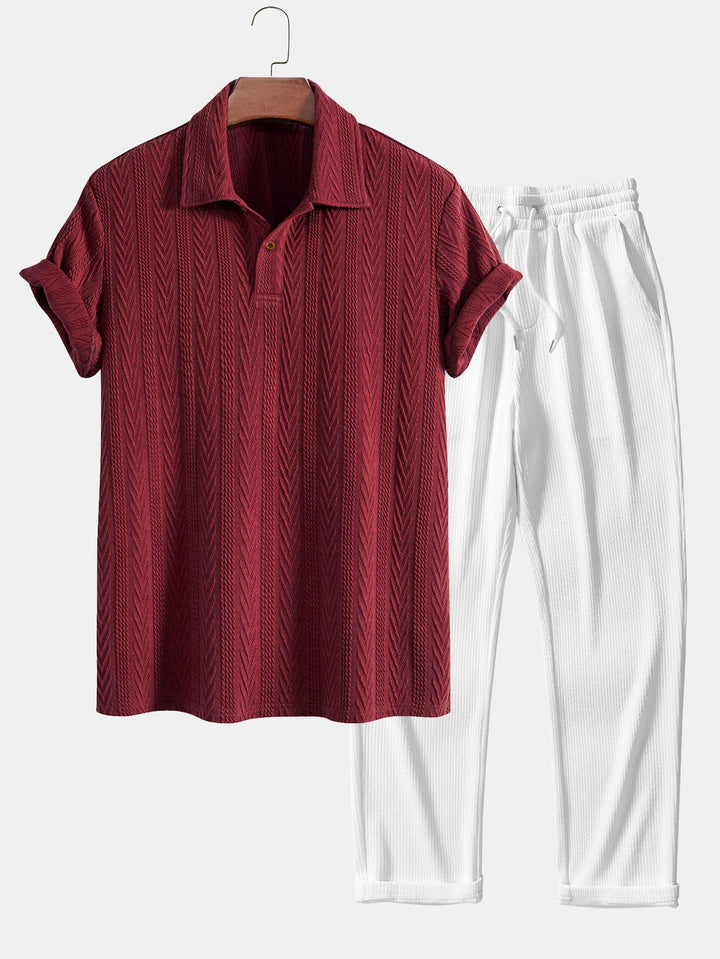 Short Sleeve Jacquard Polo &amp; Straight Leg Ribbed Pants