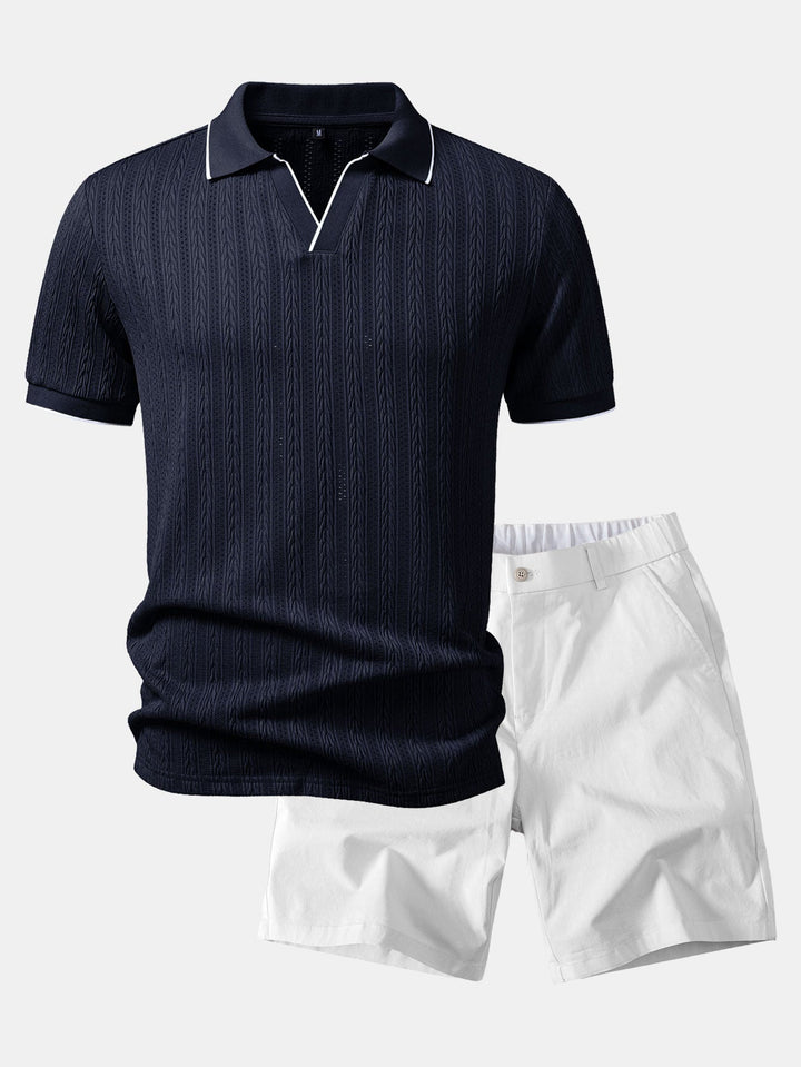 Geometric Jacquard Johnny Collar Polo &amp; Elastic Waist Chino Shorts