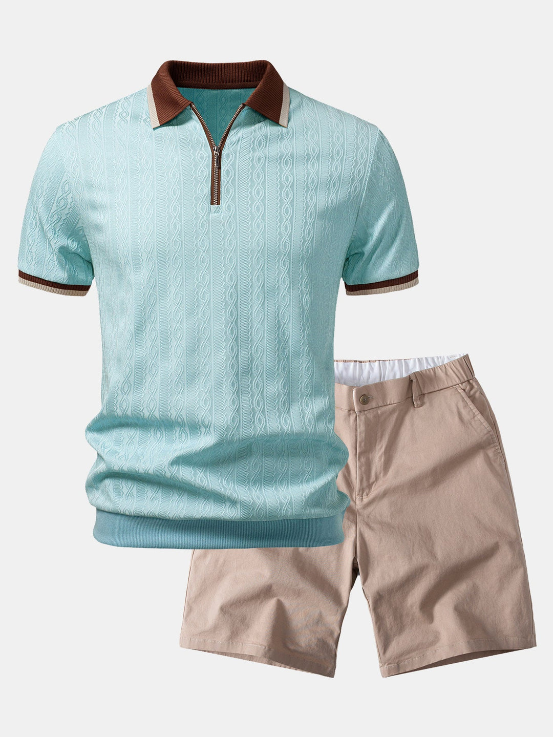 Contrast Trim Textured Zipper Knit Polo &amp; Elastic Waist Chino Shorts