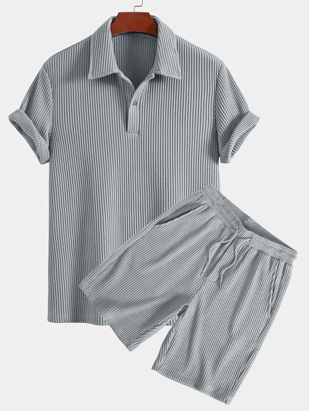 Short Sleeved Waffle Polo &amp; Drawstring Knitted Waffle Shorts