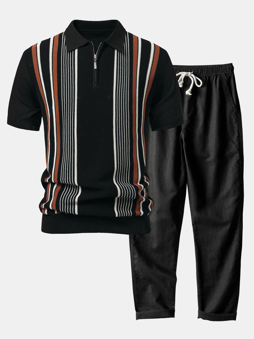Stripe Knit Zip Up Polo Shirt &amp; Straight Leg Linen Pants