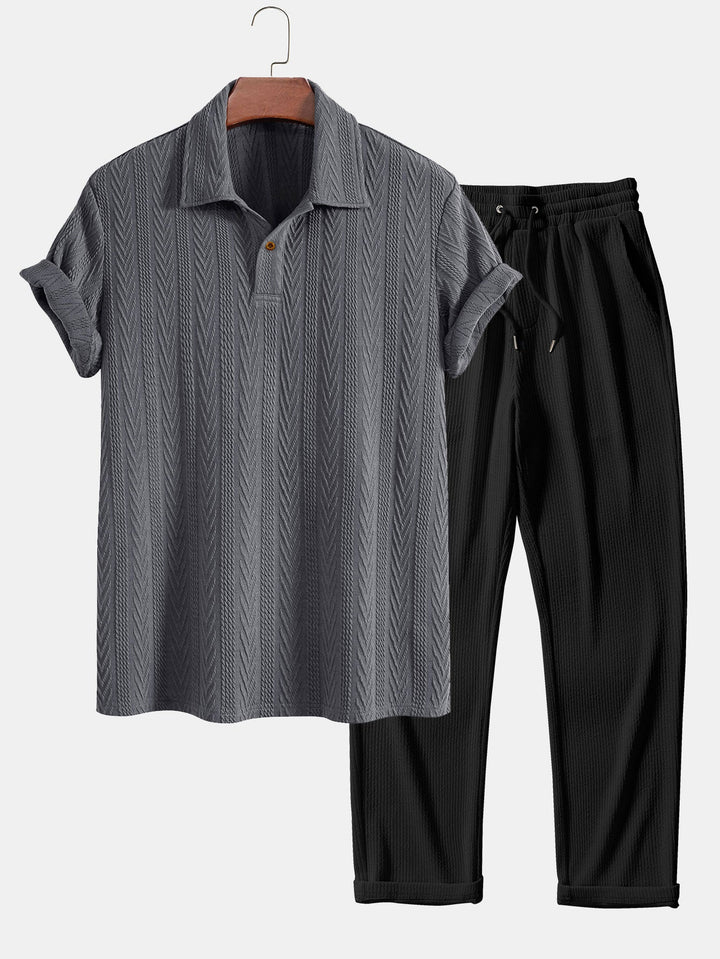 Short Sleeve Jacquard Polo &amp; Straight Leg Ribbed Pants