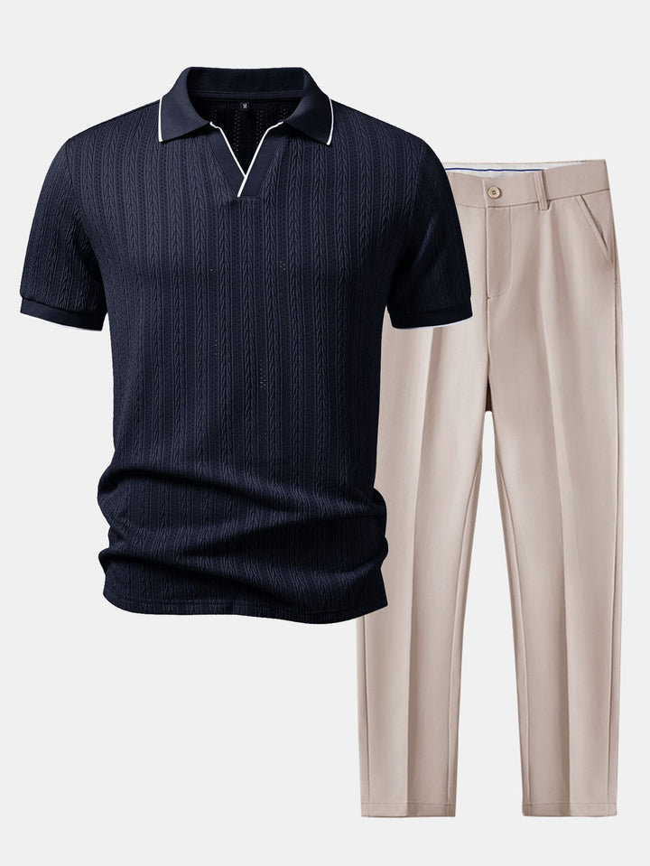 Geometric Jacquard Johnny Collar Polo &amp; Slim Fit Tapered Trousers