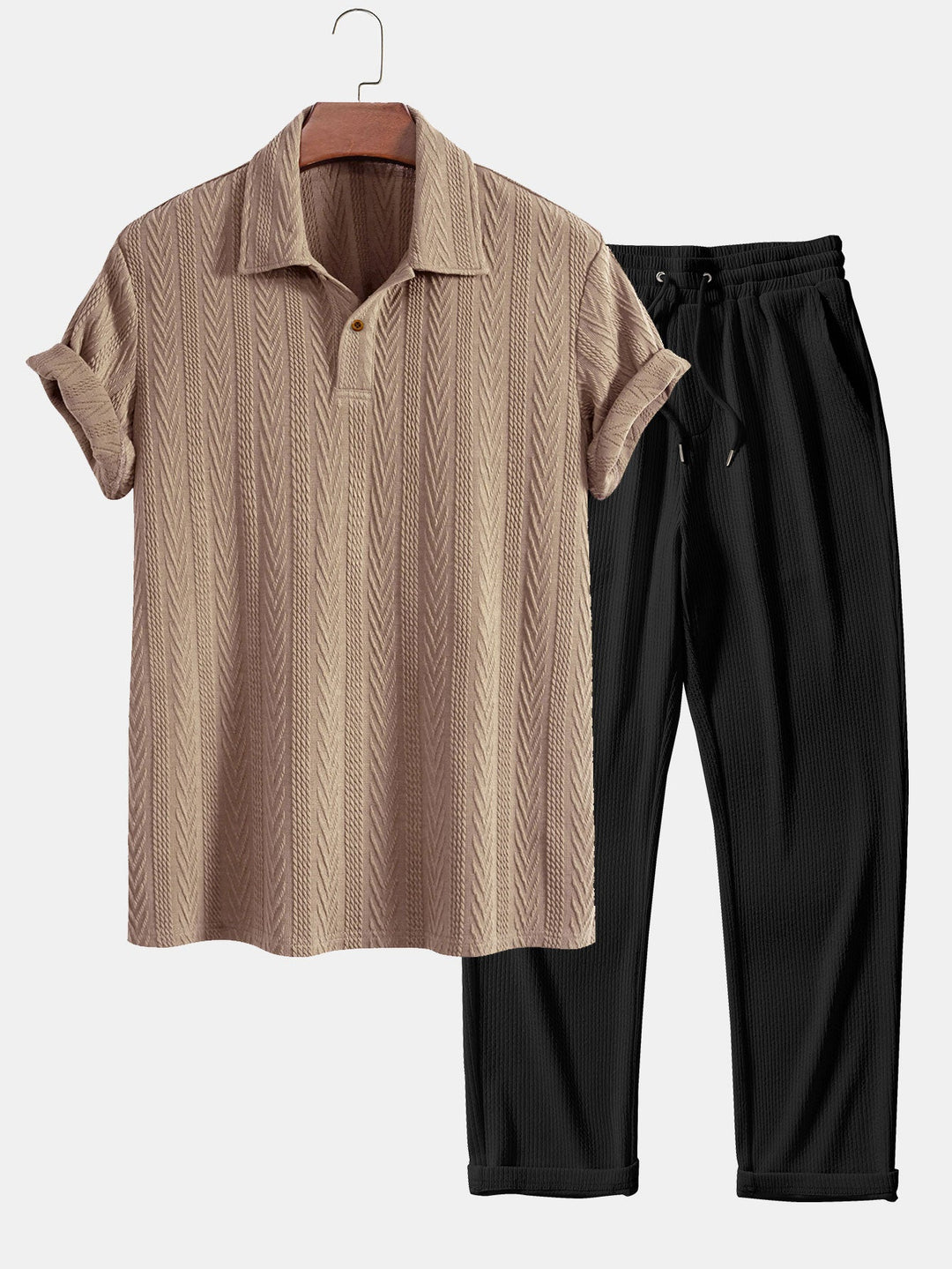 Short Sleeve Jacquard Polo &amp; Straight Leg Ribbed Pants