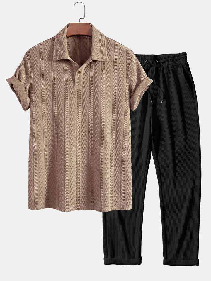 Short Sleeve Jacquard Polo &amp; Straight Leg Ribbed Pants
