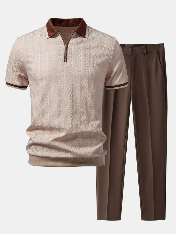 Contrast Trim Textured Zipper Knit Polo &amp; Slim Fit Tapered Trousers