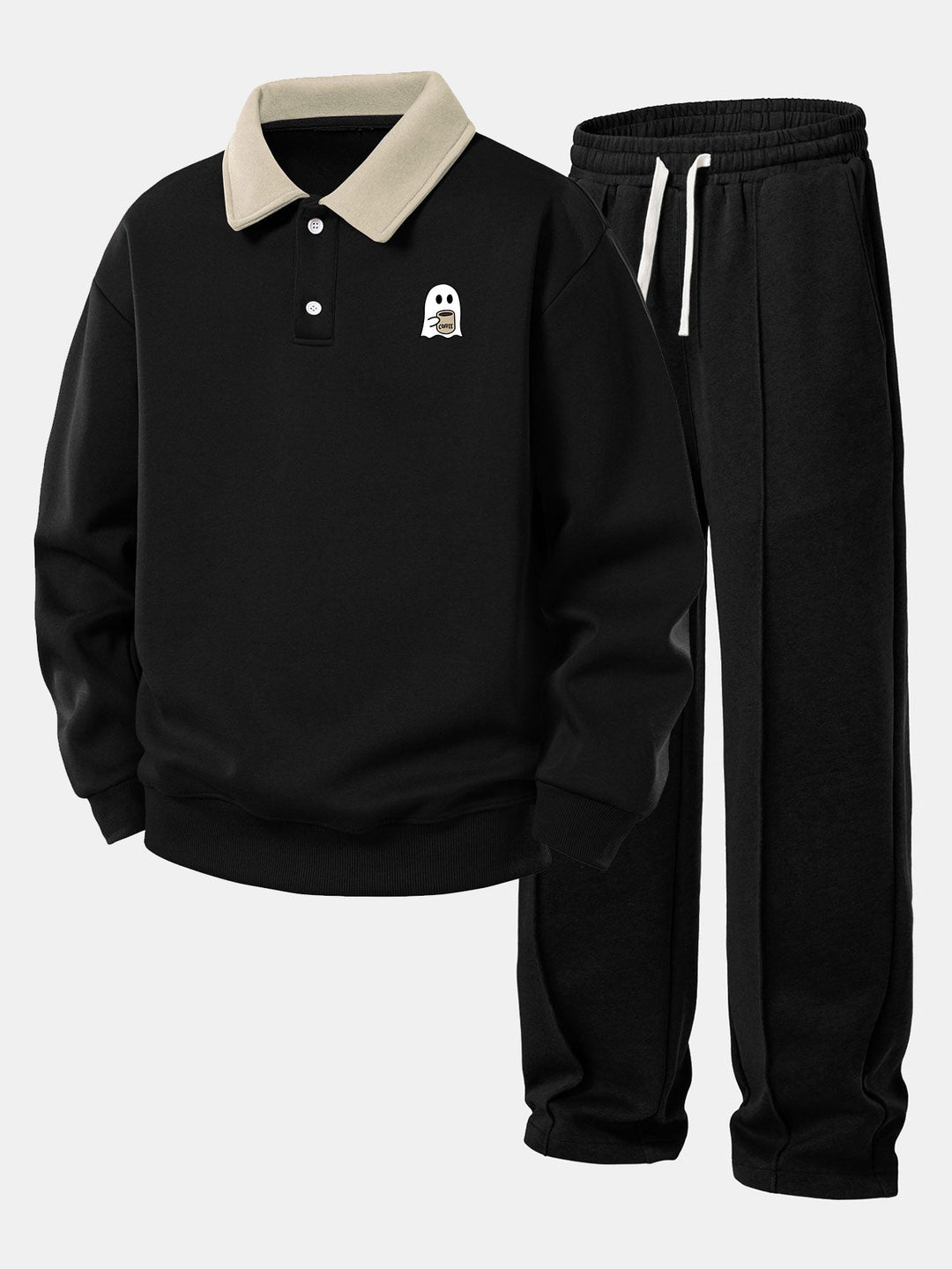 Relax Fit Ghost Drinking Coffee Print Contrast Polo Sweatshirt &amp; Straight Leg Pleated Pintuck Sweatpants