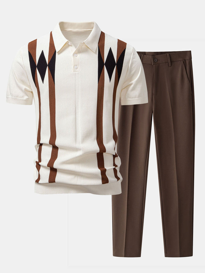 Stripe Geometric Jacquard Knitted Polo Shirt &amp; Slim Fit Tapered Trousers
