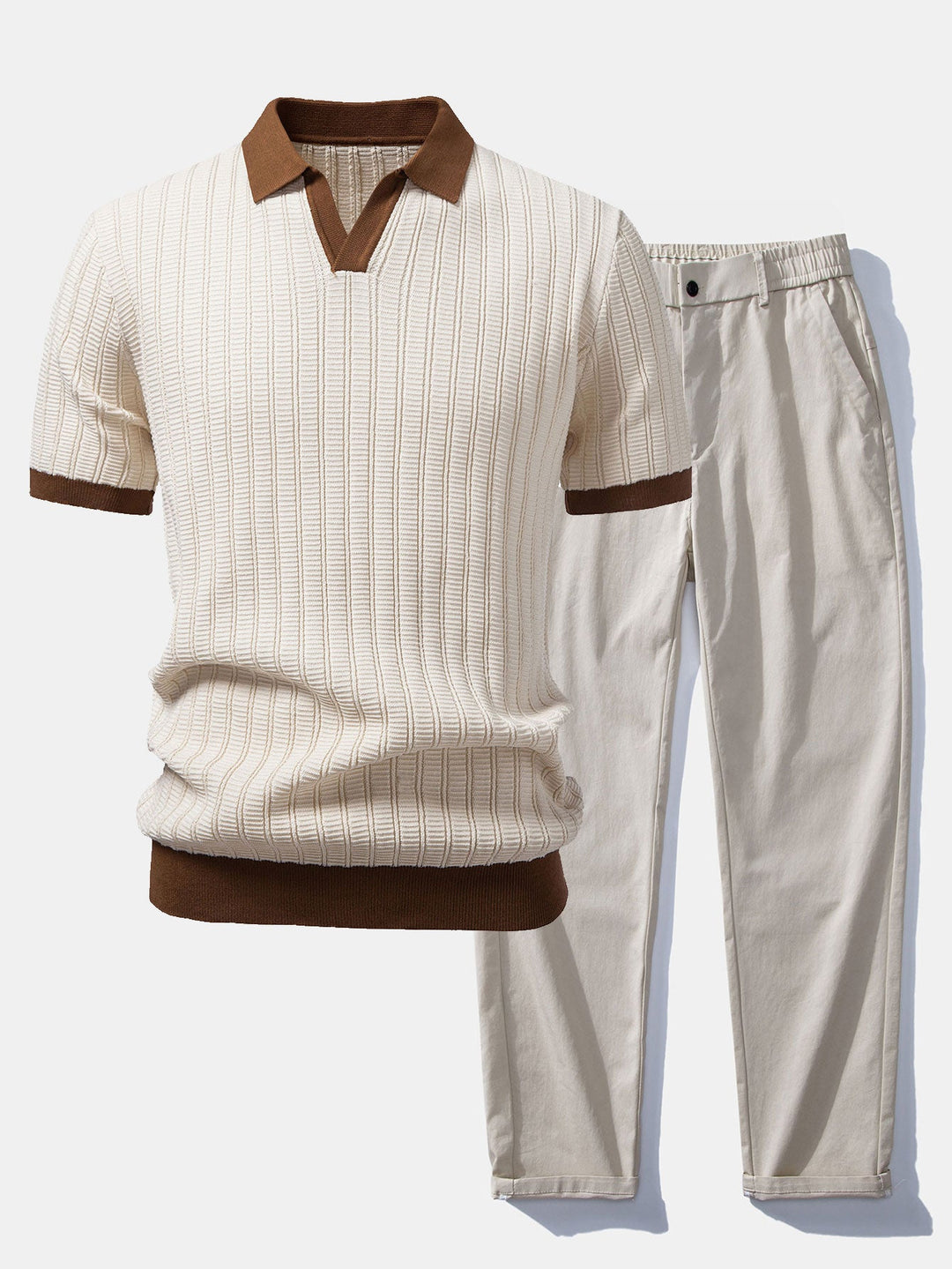 Contrast Textured Johnny Collar Knit Polo &amp; Elastic Waist Straight Leg Trousers