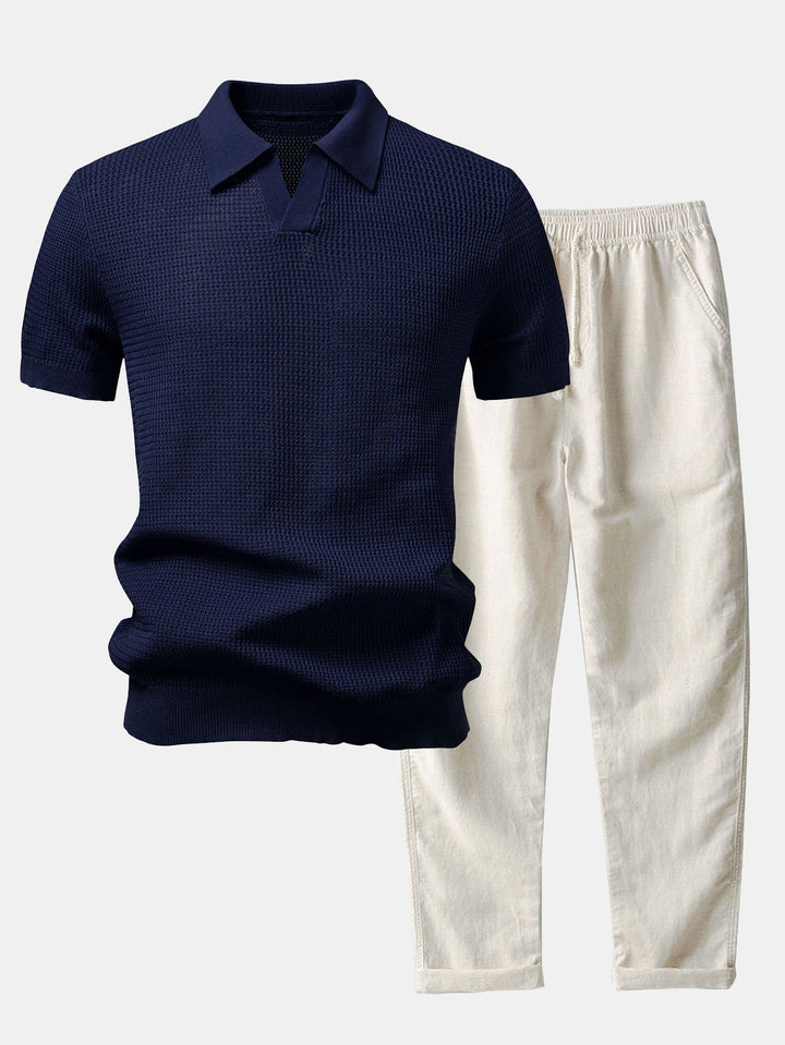 Textured Johnny Collar Crocheted Knit Polo &amp; Straight Leg Linen Pants