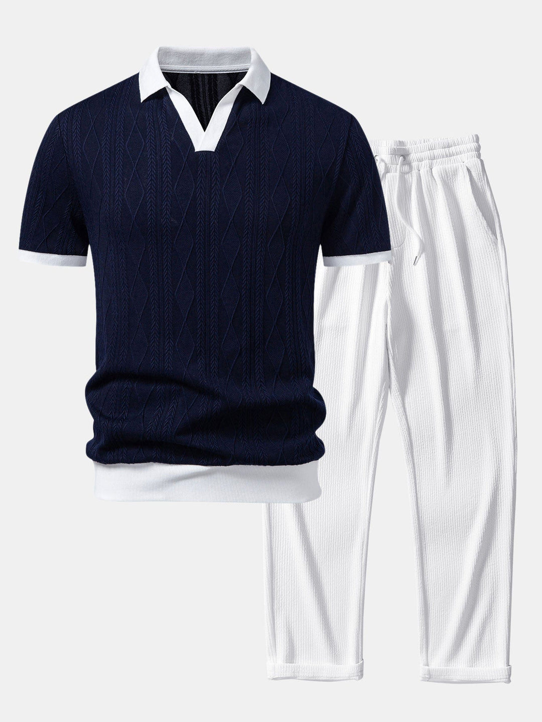 Contrast Geometry Jacquard Knit Polo &amp; Straight Leg Ribbed Pants