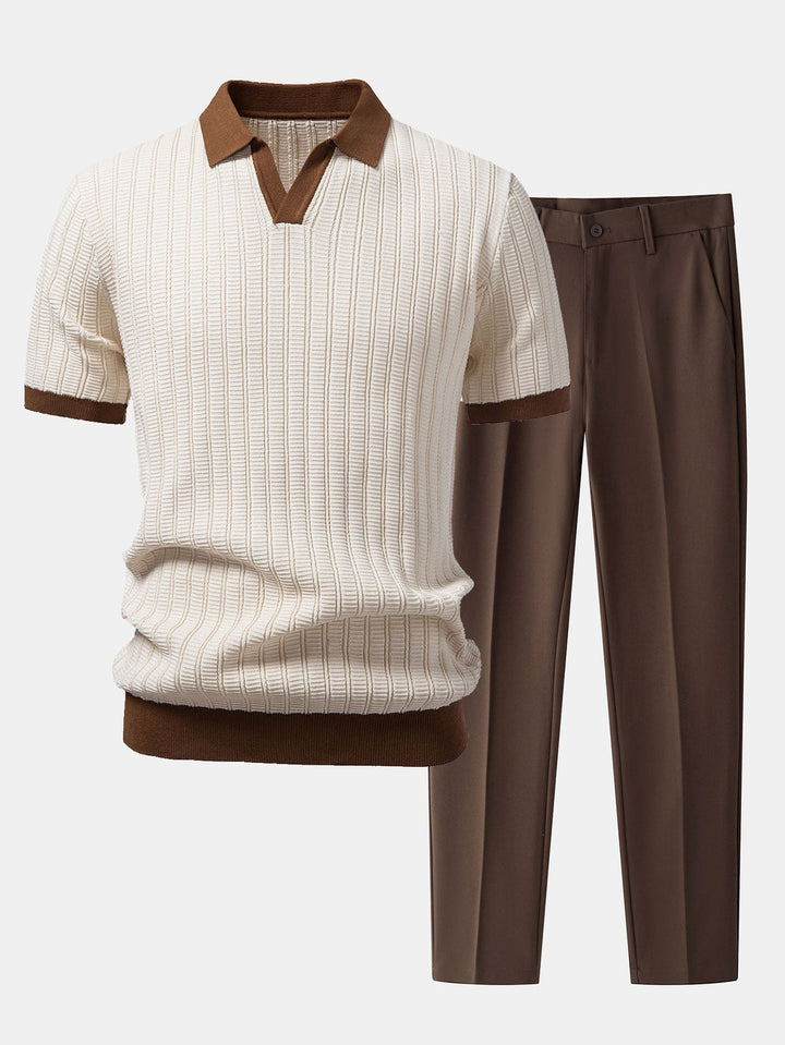 Contrast Textured Johnny Collar Polo &amp; Slim Fit Tapered Trousers