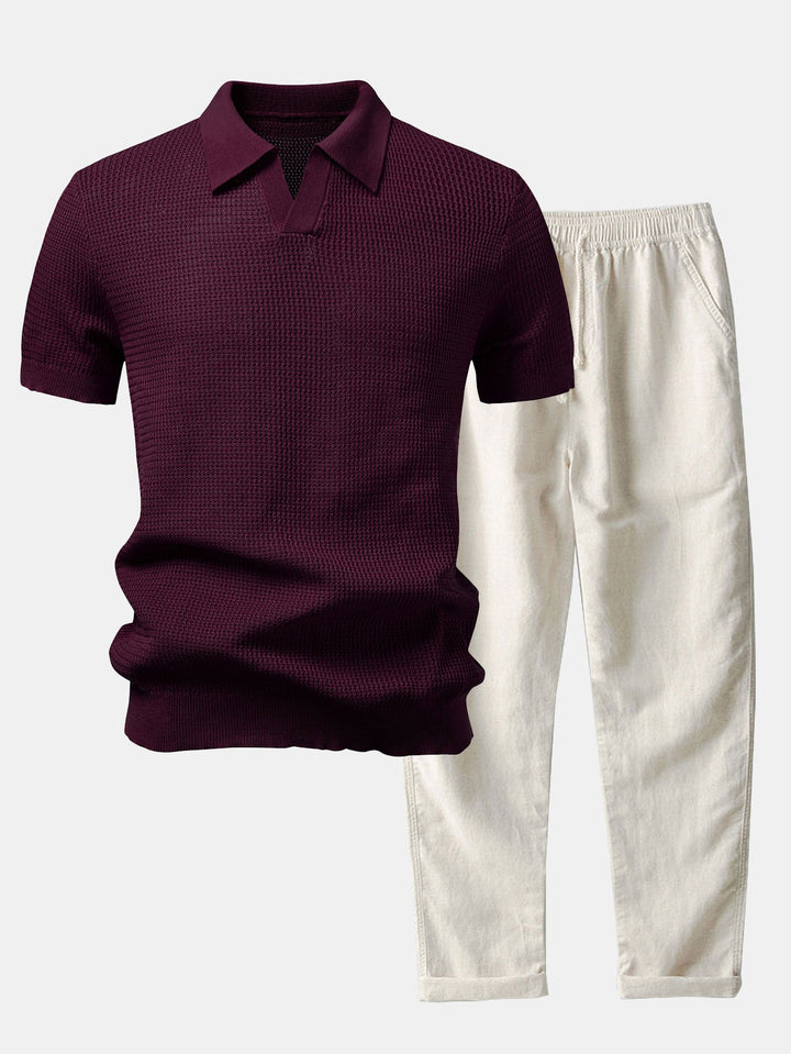 Textured Johnny Collar Crocheted Knit Polo &amp; Straight Leg Linen Pants