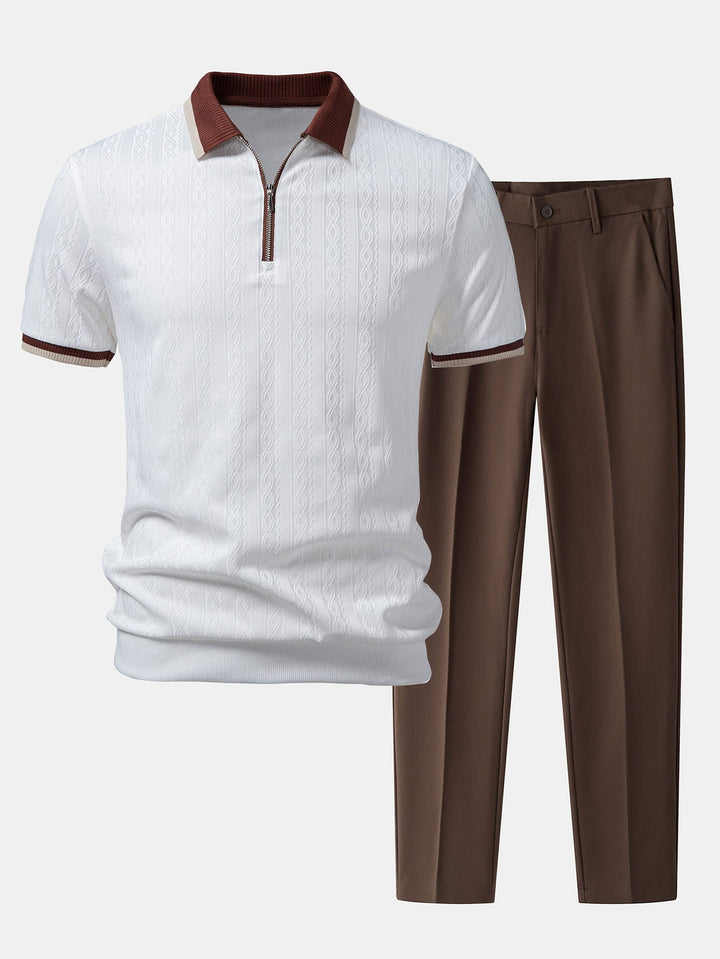 Contrast Trim Textured Zipper Knit Polo &amp; Slim Fit Tapered Trousers