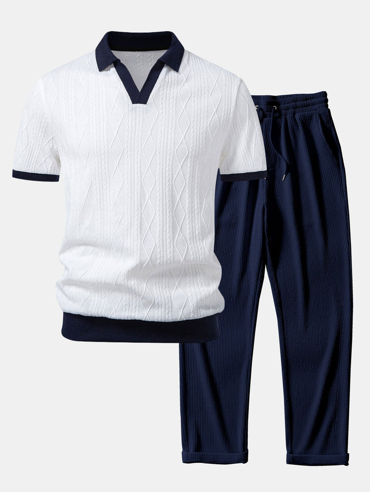 Contrast Geometry Jacquard Knit Polo &amp; Straight Leg Ribbed Pants
