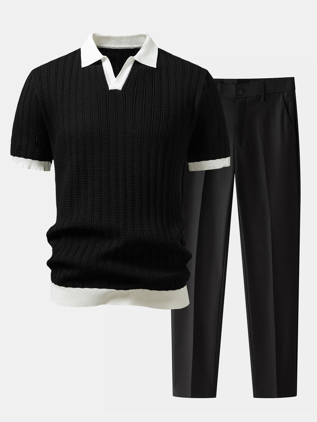 Contrast Textured Johnny Collar Polo &amp; Slim Fit Tapered Trousers