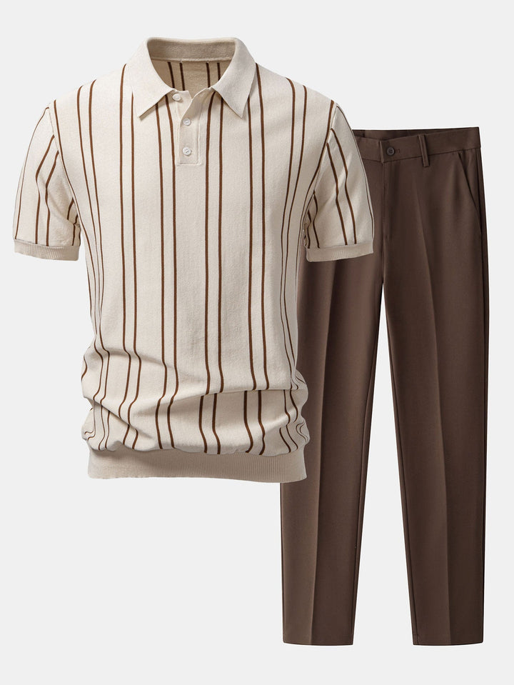 Striped Knitted Polo Shirt &amp; Slim Fit Tapered Trousers
