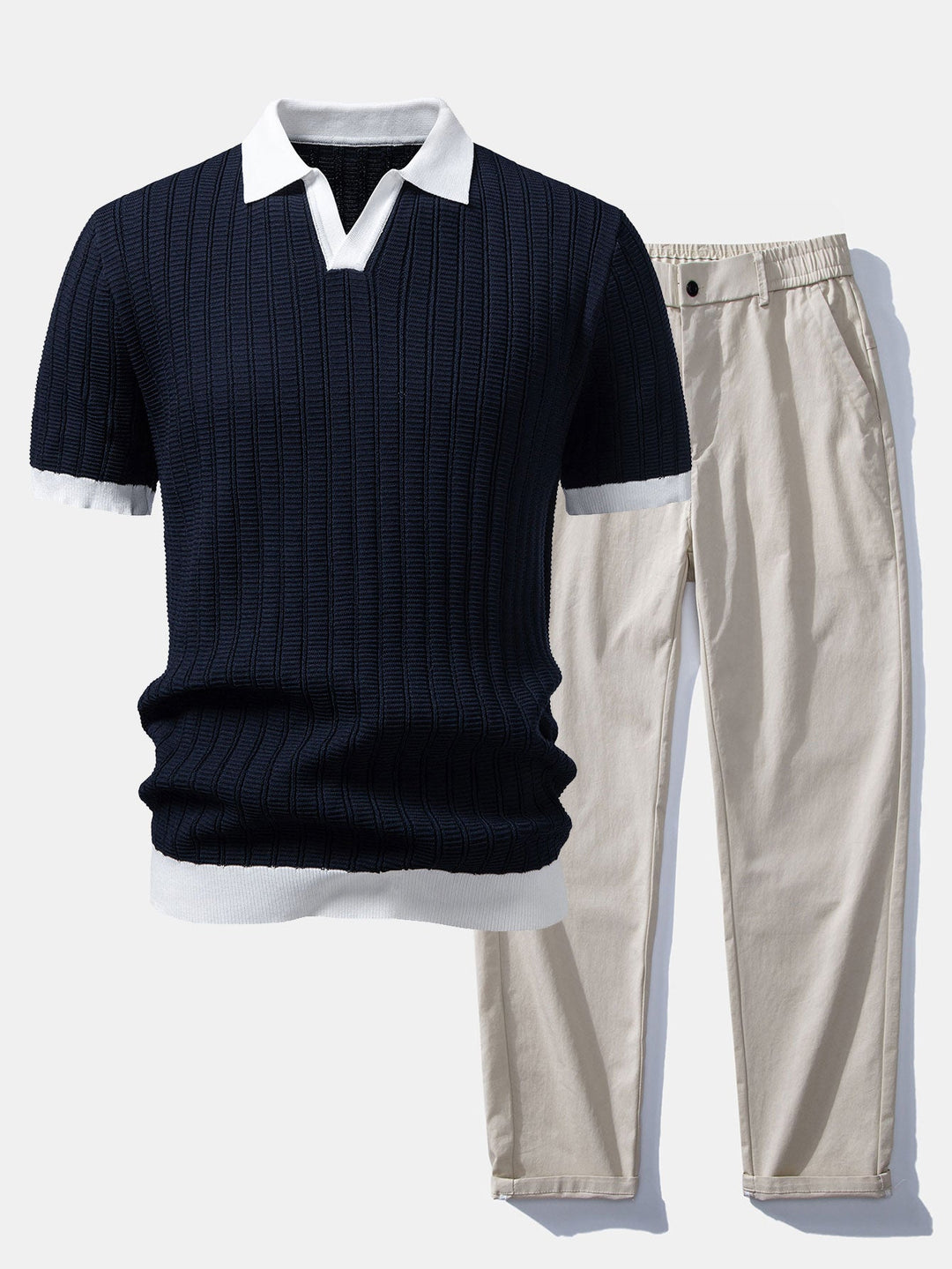 Contrast Textured Johnny Collar Knit Polo &amp; Elastic Waist Straight Leg Trousers