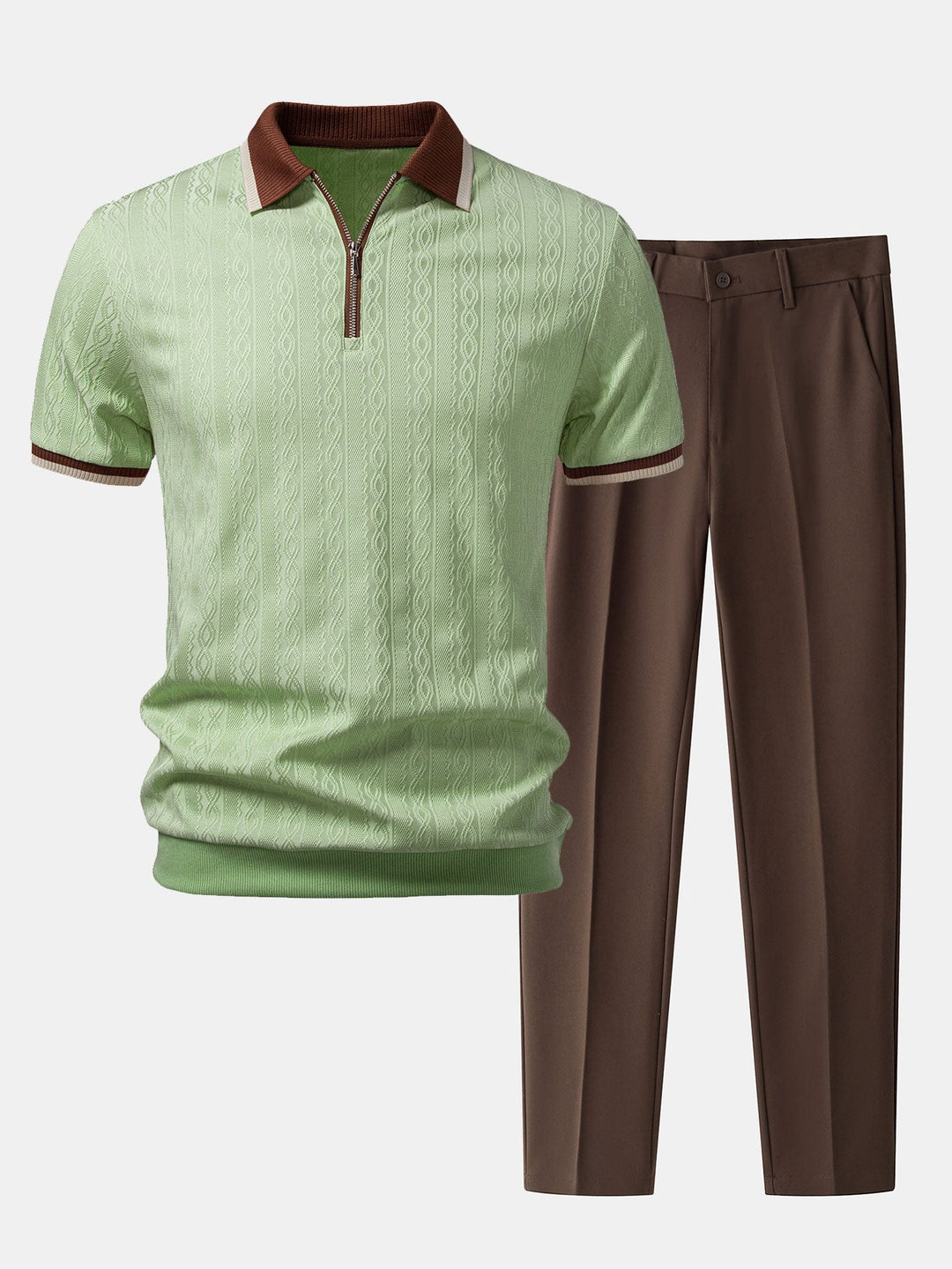 Contrast Trim Textured Zipper Knit Polo &amp; Slim Fit Tapered Trousers