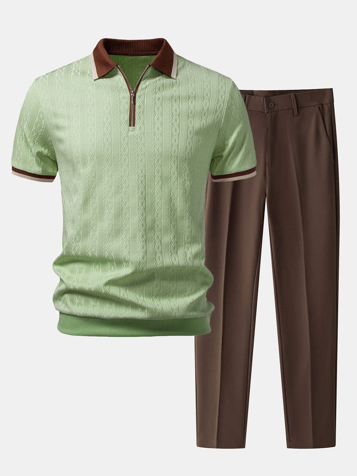 Contrast Trim Textured Zipper Knit Polo &amp; Slim Fit Tapered Trousers