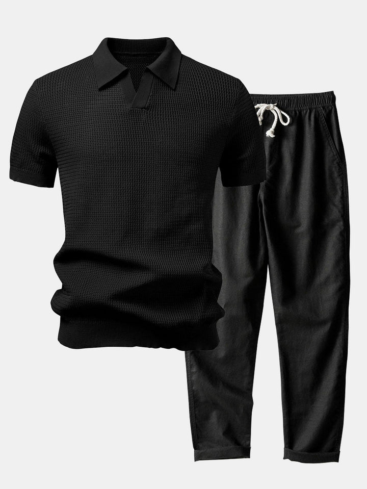 Textured Johnny Collar Crocheted Knit Polo &amp; Straight Leg Linen Pants