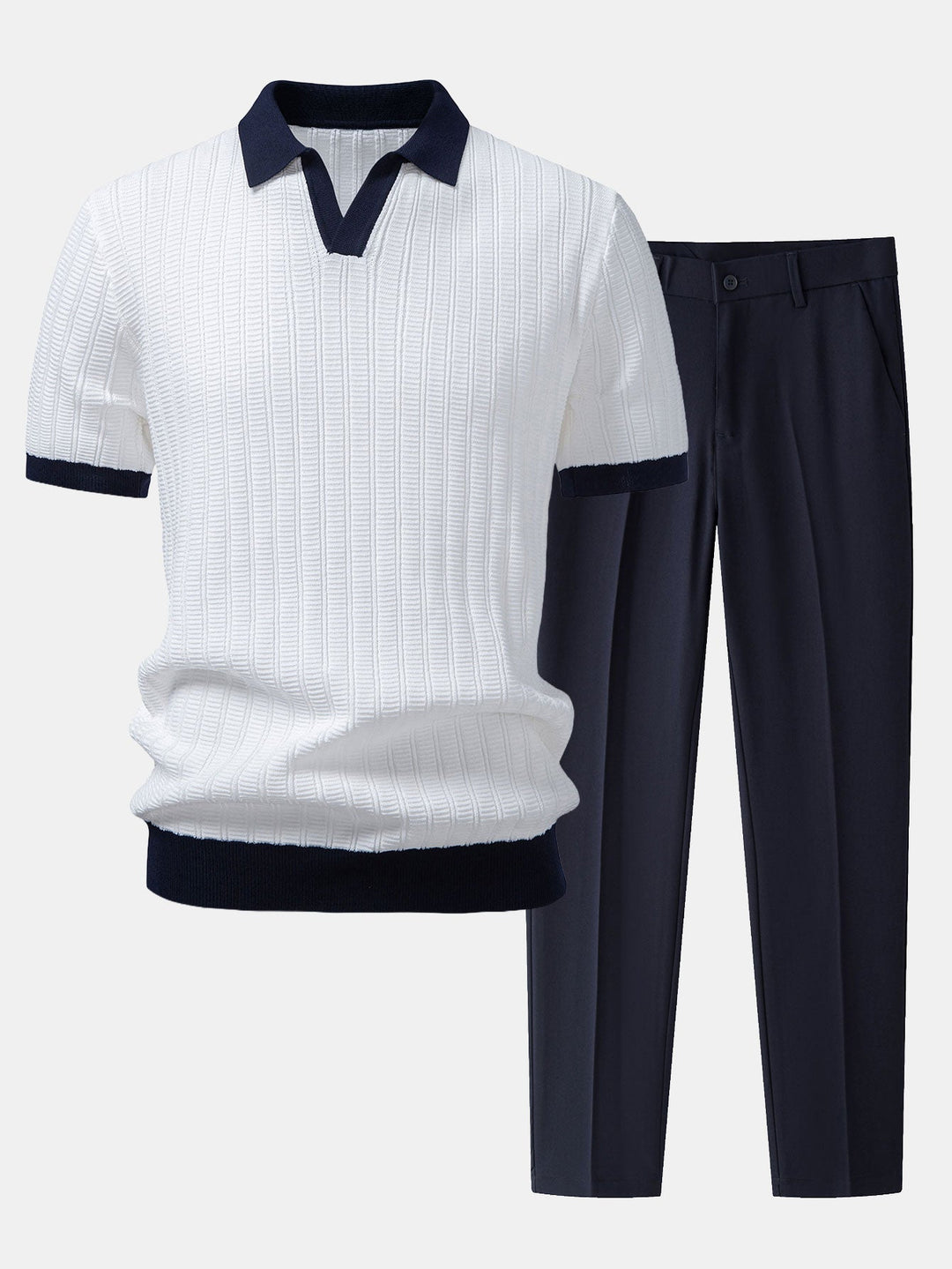Contrast Textured Johnny Collar Polo &amp; Slim Fit Tapered Trousers