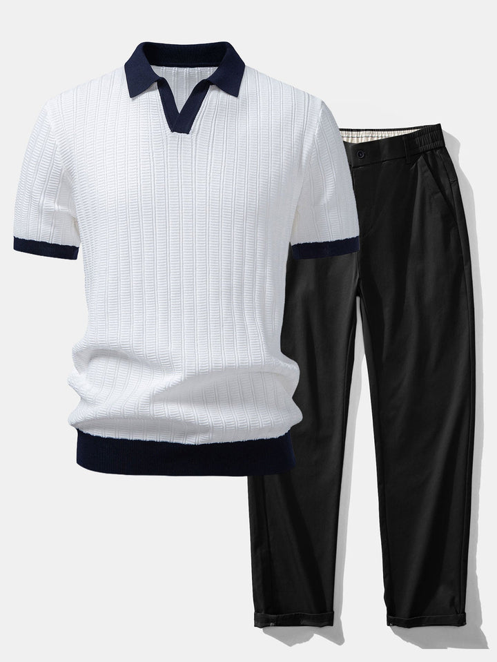 Contrast Textured Johnny Collar Knit Polo &amp; Elastic Waist Straight Leg Trousers