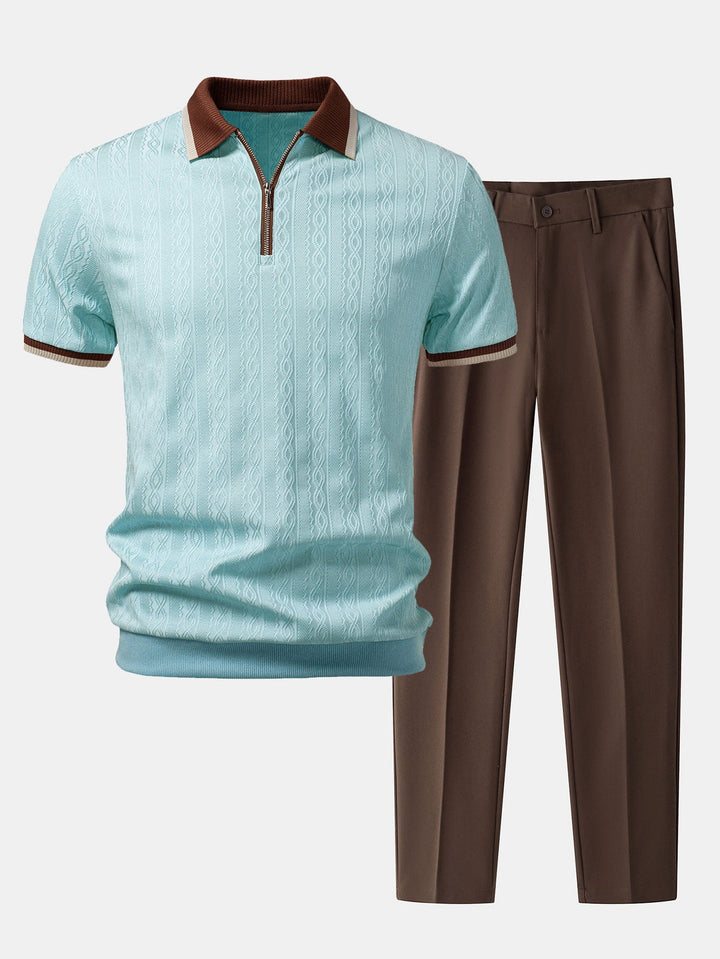 Contrast Trim Textured Zipper Knit Polo &amp; Slim Fit Tapered Trousers