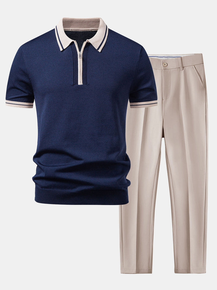 Contrast Trim Zipper Knit Polo &amp; Slim Fit Tapered Trousers