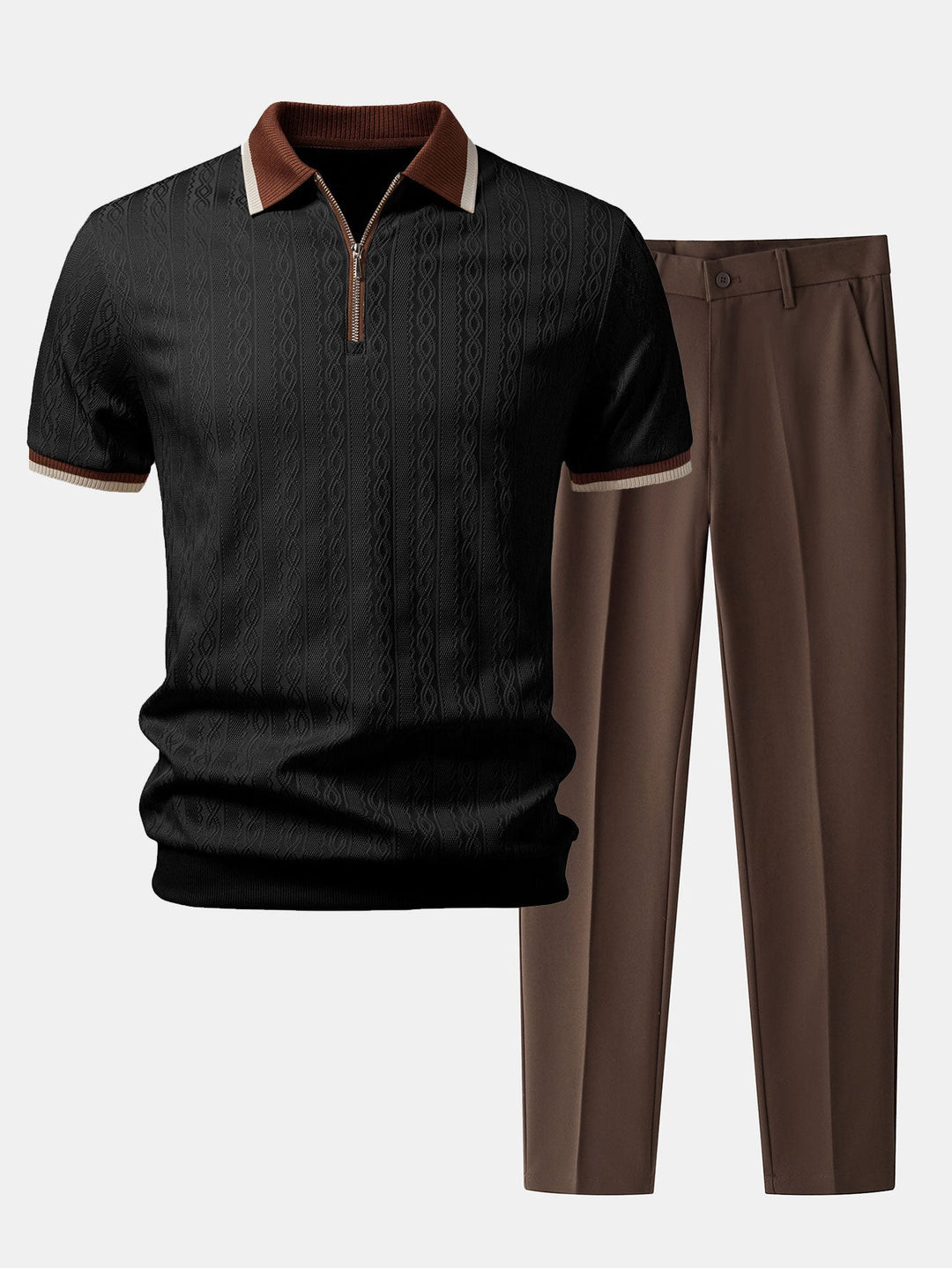 Contrast Trim Textured Zipper Knit Polo &amp; Slim Fit Tapered Trousers