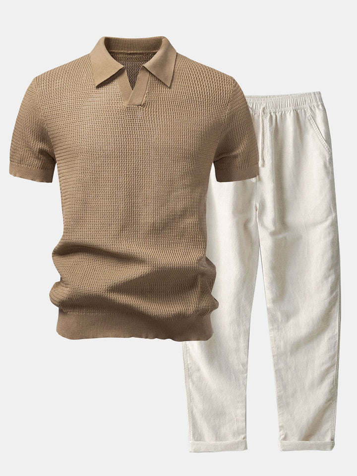 Textured Johnny Collar Crocheted Knit Polo &amp; Straight Leg Linen Pants