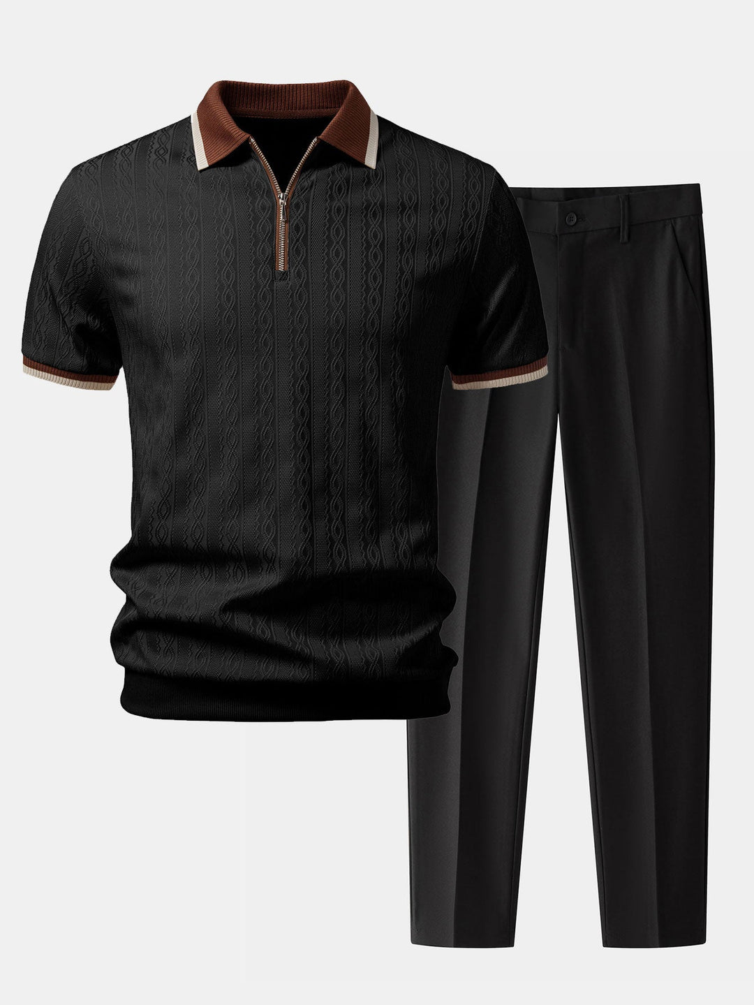 Contrast Trim Textured Zipper Knit Polo &amp; Slim Fit Tapered Trousers